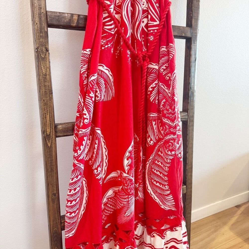 Farm Rio NWT Majestic Coconut Tree Maxi Dress Medium Red Linen Blend Tropical - Picture 6 of 9